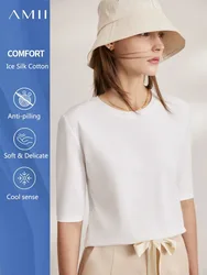 AMII Minimalism 2025 Summer T-shirts For Women New Cotton Stretch Half Sleeve Straight Solid Basics Office Lady Tops 12412016