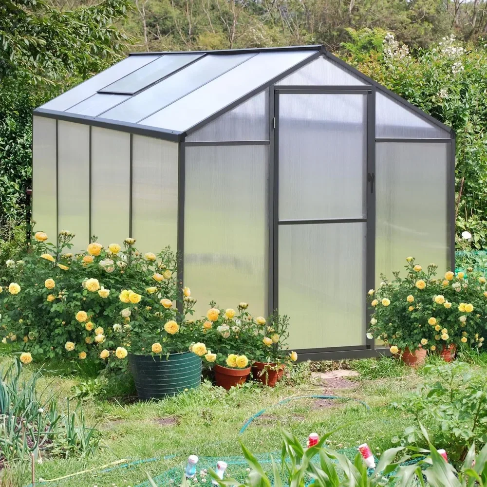 6x8 FT Greenhouse Kit for Outdoor, Polycarbonate Aluminum Walk-in Green House with Lockable Door and Adjustable Roof Vent