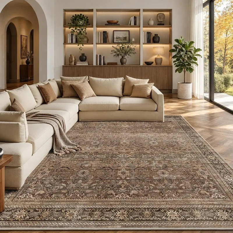 Vintage Persian Distressed Carpet for Living Room Mid-century Cream Style Rug Washable Anti-slip Floor Mat for Bedroom Sofa