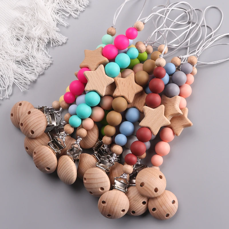 New Baby Pacifier Chain Clips Wood Pentagram Teether Chain For Care Soother Chew Toys Baby accessories