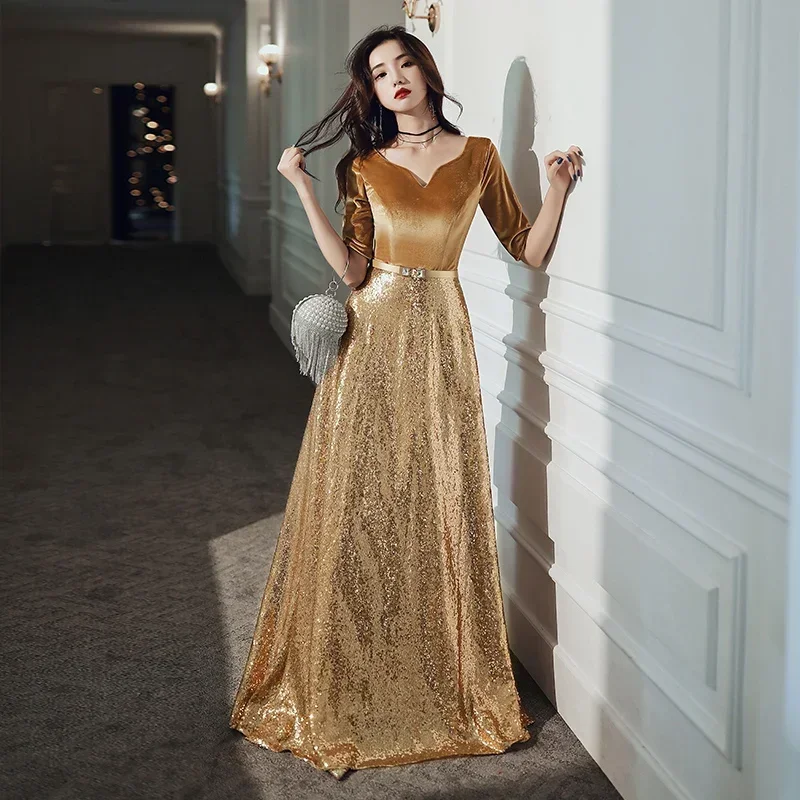 Es der Yiiya Abendkleid Lange Gold Pailletten Velour Abend Kleider Für Frauen Elegante Formale Kleider Plus Größe robe de soiree LF144