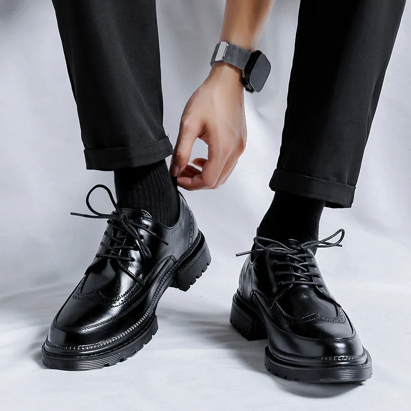 2026 New Leather Shoes for Young Men British Brock Formal Business Increase Casual Black Wedding Groom Lace-up Men's Shoes