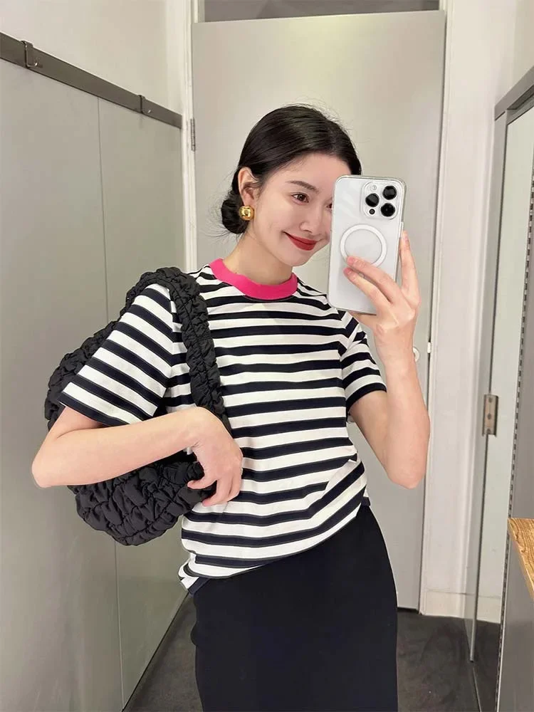 Summer Women\'s T-shirt Black White Stripe O Neck Shirts Top Short Sleeve Lady Stretch Knit Fashion Casual Cotton Tees for Women