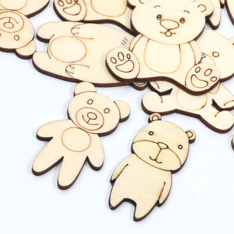 20pcs Cute Bear Shape Wooden Slices Embellishments Unfinished Wood Bear Ornament Handmade Crafts DIY Wedding Decoration