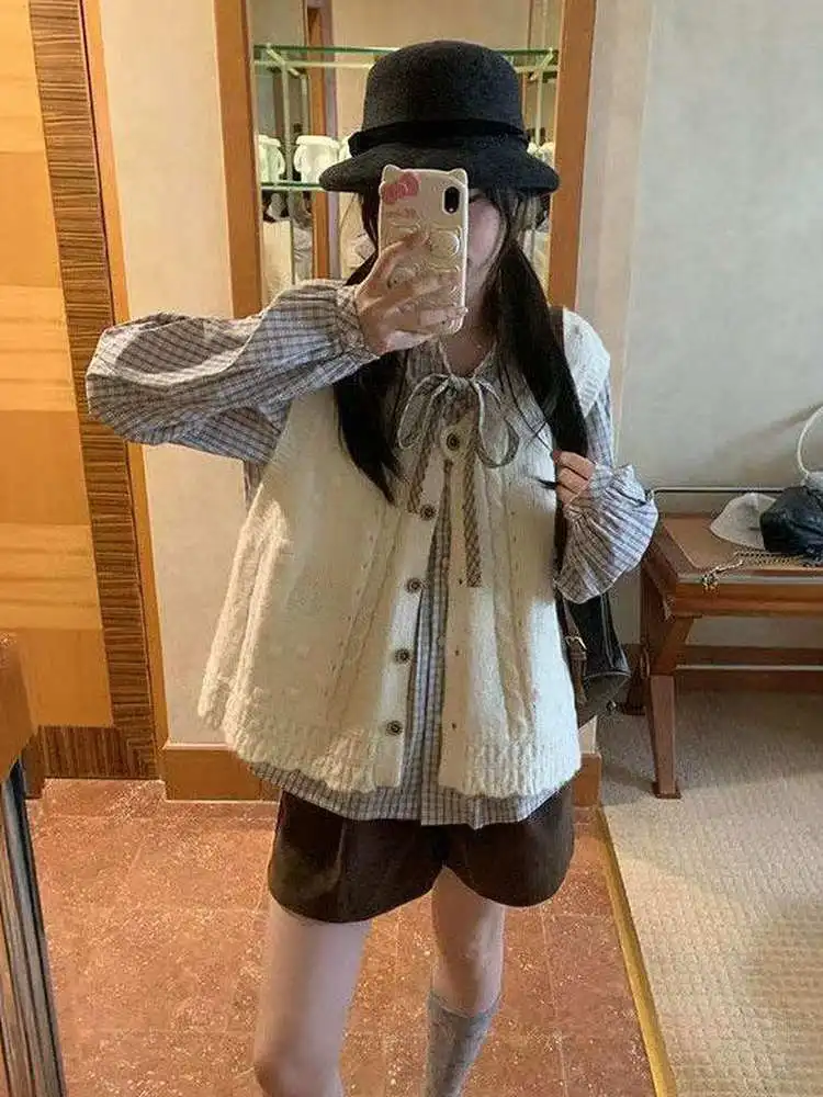 

Корейский Sle Commuter винтажный студенческий вязаный открытый кардиган, жилет, женский клетчатый длинный жилет с поясом Sve irt INS, комплект из двух предметов