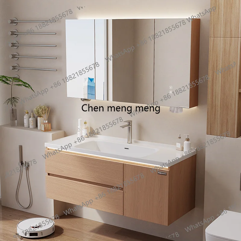 

Современный цельный керамический шкаф для ванной комнаты цвета ореха с раковиной-умывальником Gabinetti для домашнего хранения и организации пространства