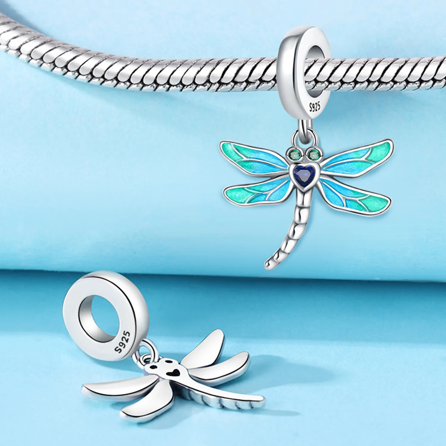 PANPOKI 925 Sterling Silver Gradient Dragonfly Insect Charms Beads Pendant Fit DIY Bracelet Necklace Jewelry Souvenir Gifts