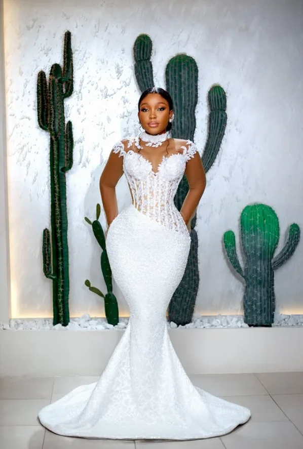 Illusion Long Sleeve Mermaid African Wedding Dresses Tan Neck Outdoor Garden Bride Reception Second Gown Garment Customized