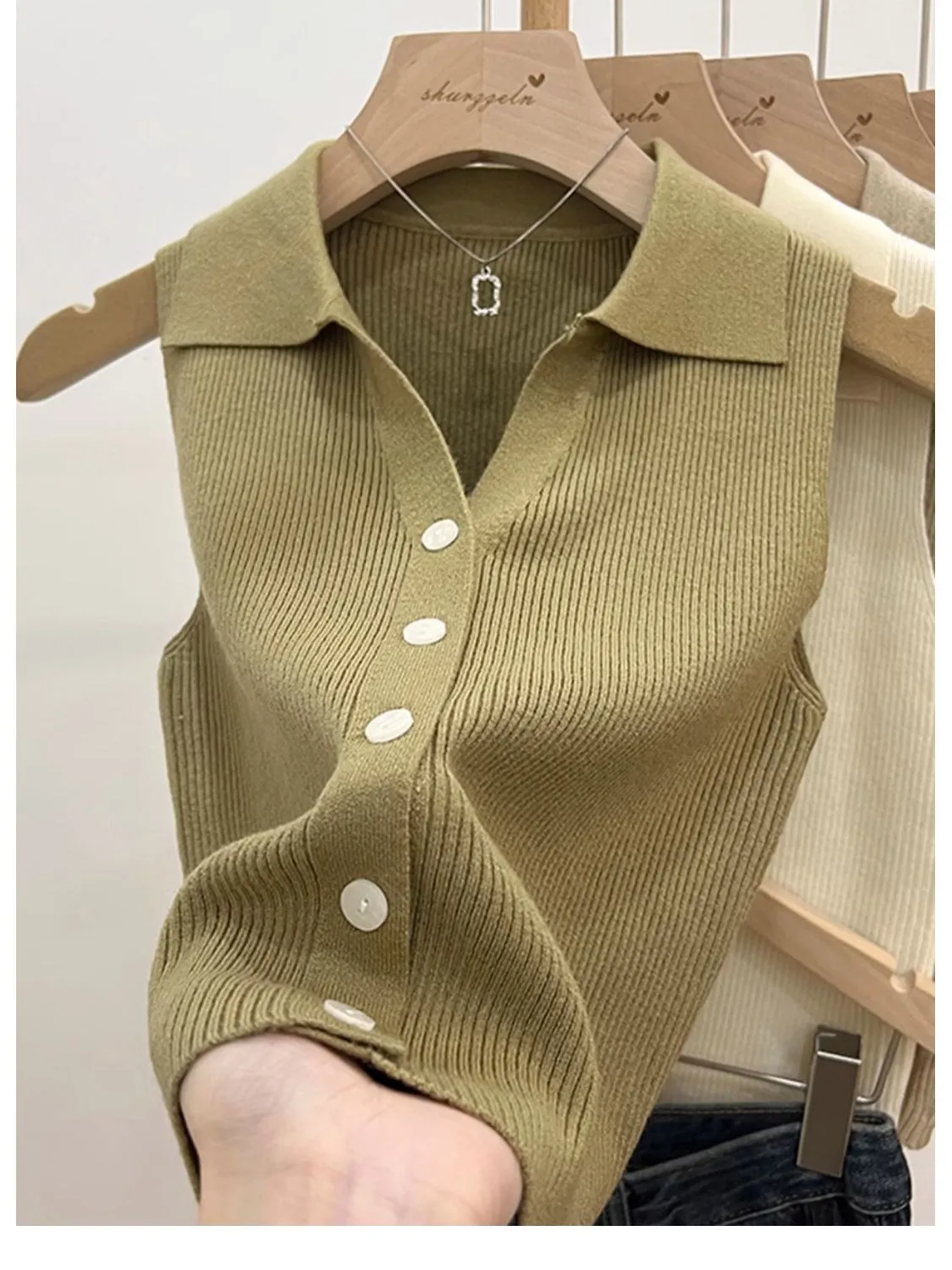 Ele  Collar Red Strap Vest Women Summer Single Button Thin Knitted Svel Top Commute Sle Slim Fit  Color
