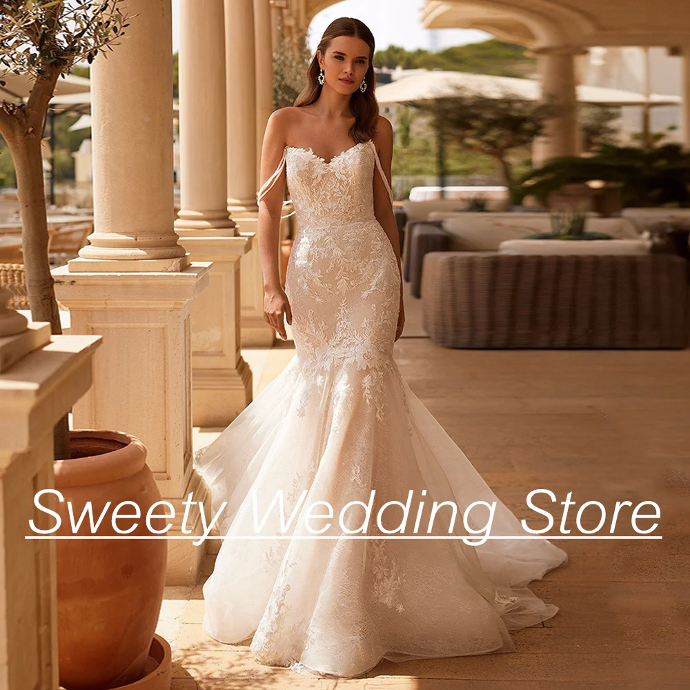 Champagne Lace Mermaid Wedding Dress Customized V Neck Detachable Pearls Off Shoulder Applique Sweep Train Robe De Mariee