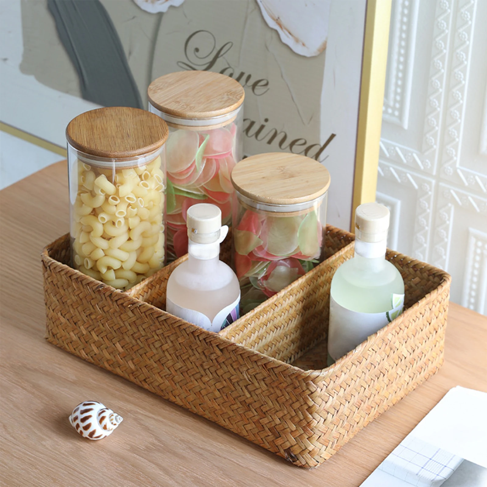 Wicker Storage Basket Picnic Basket Straw Rattan Basket Desk Organizer for Farmhouse Bedroom Countertop Living Room