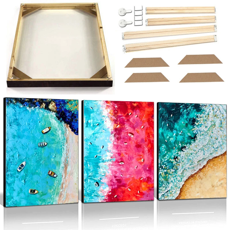 

Beach Seascape Canvas Oil Painting with Frame Modern Abstract Art Scandinavian Nordic Poster Prints Coastal Boat Wall Picture