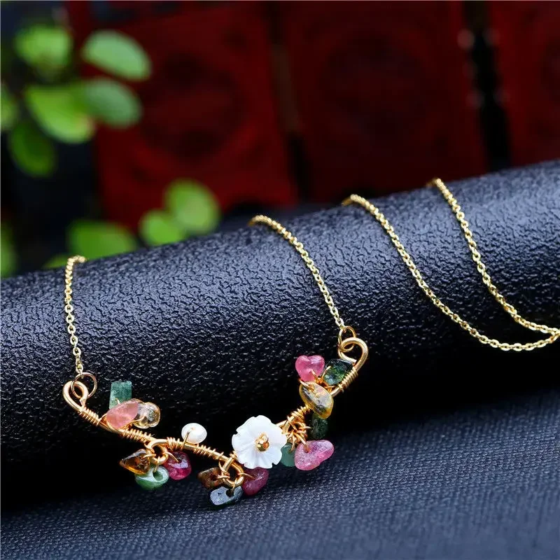 Kalung choker turmalin mutiara batu alam untuk wanita kalung bunga chinoiserie buatan tangan rantai sweater perhiasan mewah