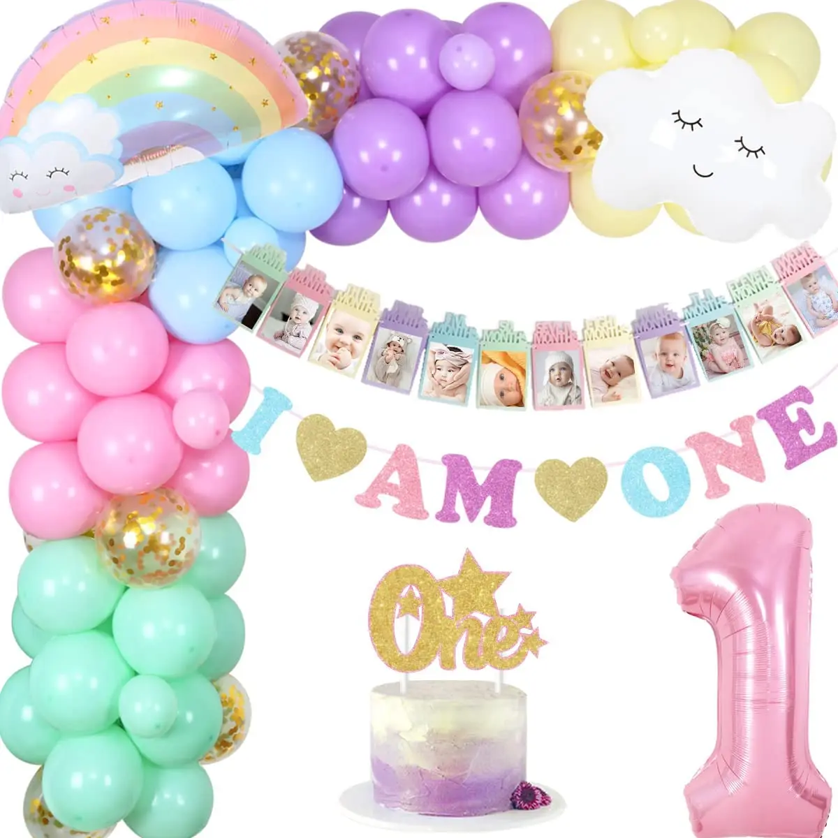 

Sursurprise-Macaron Rainbow 1st Birthday Party Decorations, Pastel Balloon, Garland Kit, I Am One Photo Banner for Girls Birthda