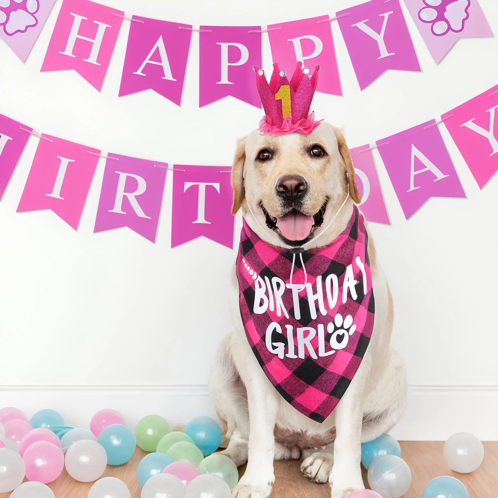 

1Set Pet Birthday Set Dog Cat Birthday Party Hat Bandana Banner Puppy Accessories Decor Dog Costumes for Small Dogs