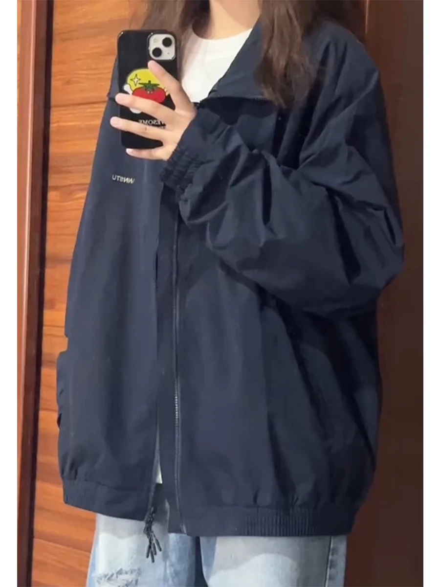 Retro Japanese Style Women's Light Blue Workwear Jacket Early Autumn Thin High Street Flight down Jacket Baseball Uniform
