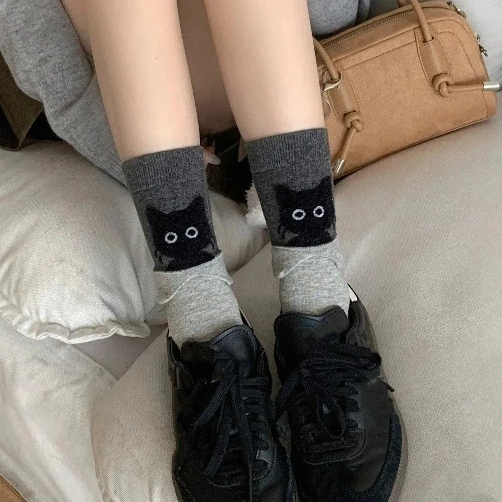 

Practical Breathable Mid-Tube Socks Comfortable Color Blocking Cat Socks Korean Style Cartoon Women Socks Gifts