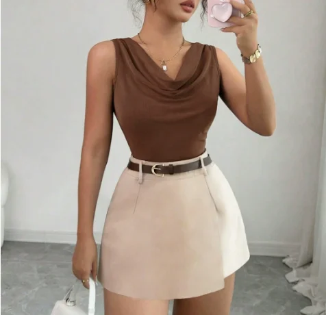 

Two Piece Set Women Outfit 2026 Spring Summer New Spicy Girl Cowl Neck Sleeveless Vest & High Waist Daily Casual Shorts Set