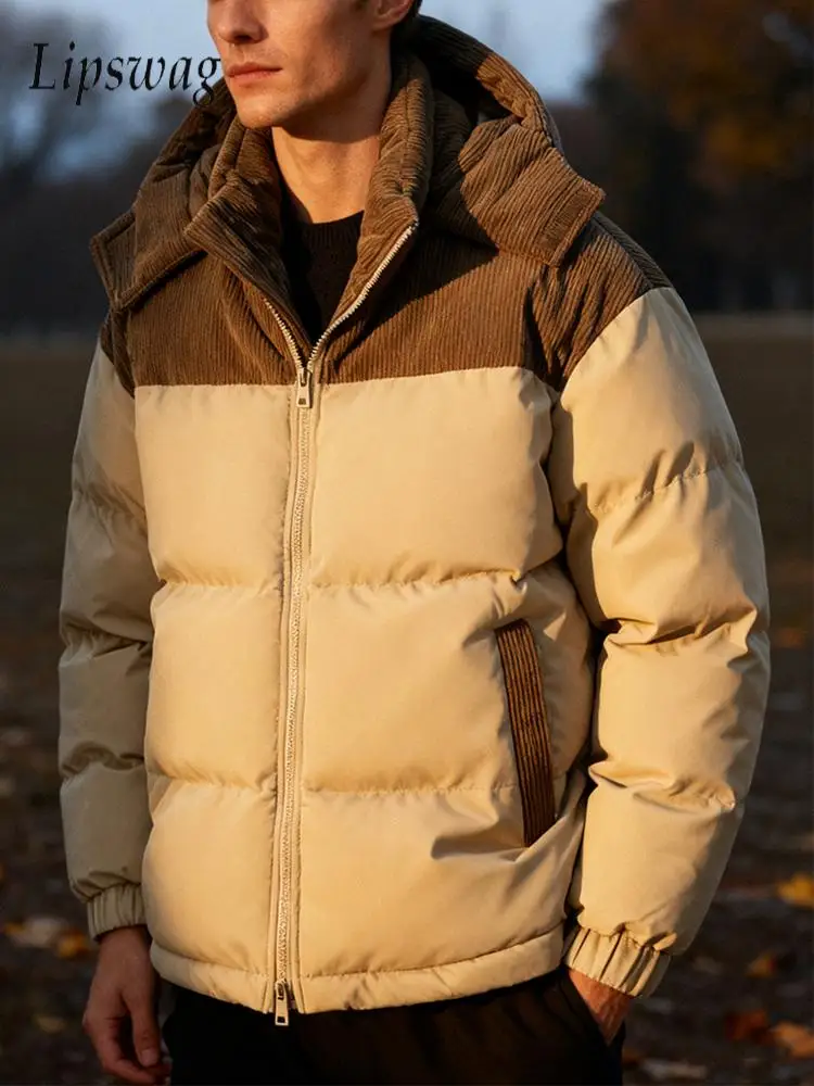 

Осень-зима теплый толстый пуховик мужская модная лоскутная вельветовая куртка пальто мужская верхняя одежда стильные съемные пальто с капюшоном