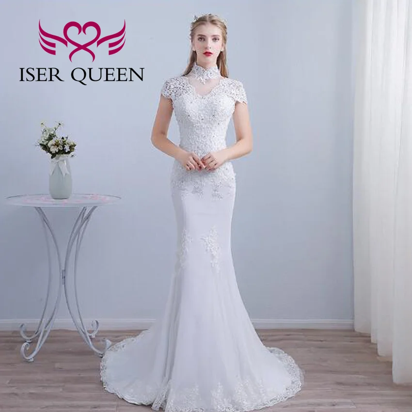 ที่กําหนดเองคอสูงลูกไม้ Appliques ชุดเดรสเมอร์เมดสําหรับผู้หญิงแขนสั้น Hollow กลับ Elegant ชุดเจ้าสาว WD8008