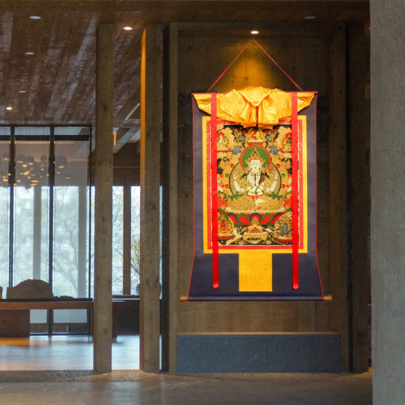 large Wholesale Buddhist supplies HOME Temple WALL High grade decorative silk Four arm Guan yin buddha Thang-ga Thangka painting