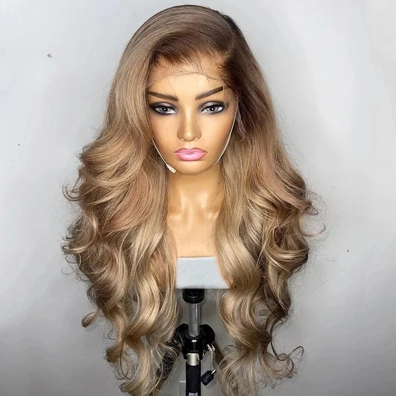 Super Long Wave Wig Ash Blonde Ombre Wig Body Wave Synthetic Lace Front Wig 13x4 HD Lace Wig Free Part Factory Cheap Wigs Party