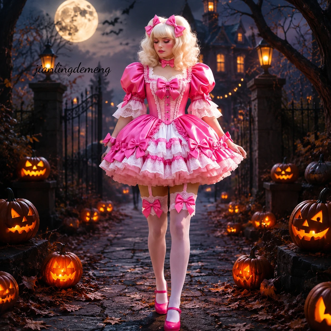 Glossy Pink White Satin Lolita Prom Dress Puff Short Sleeve Square Lace Corset Mini Halloween Birthday Party Dress Customized
