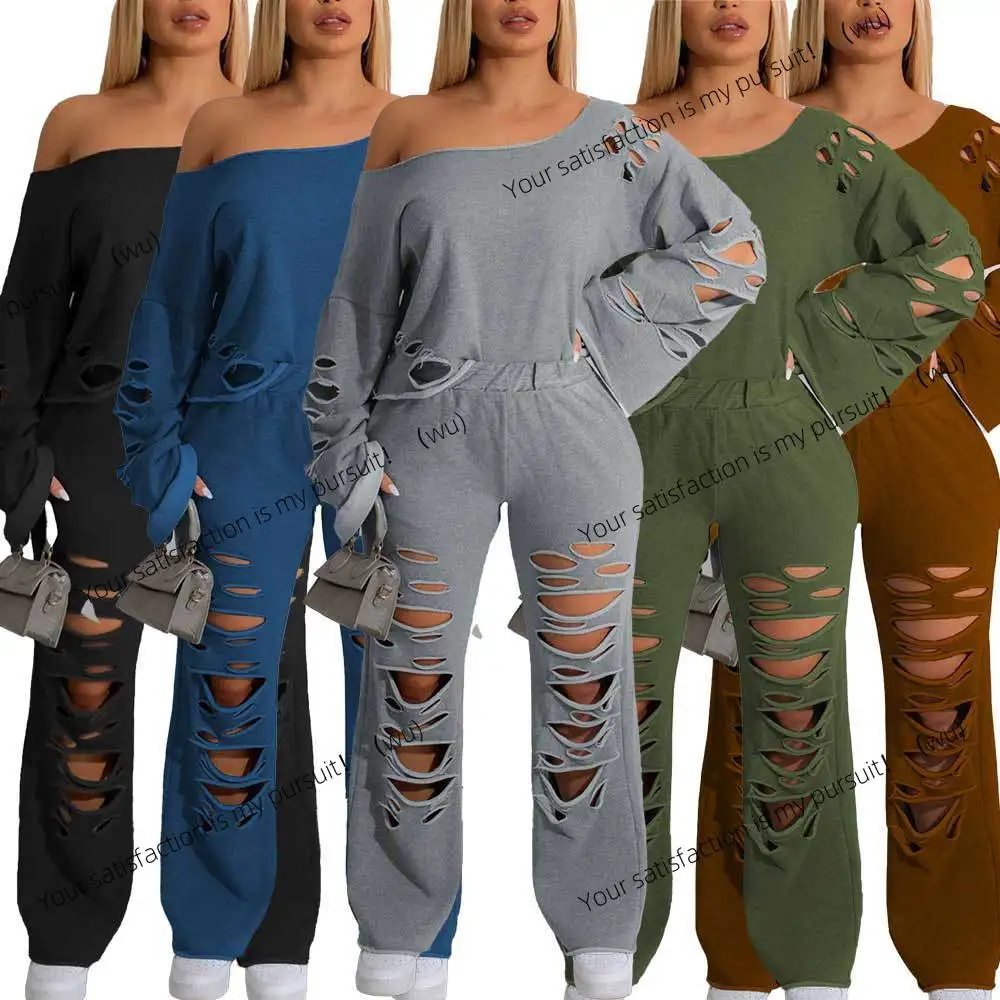 

ZOCI-HZ6120 Европейский и американский трендовый спортивный комплект из двух предметов с отрывными отверстиями | свободный свитер с открытыми плечами + индивидуальное отверстие