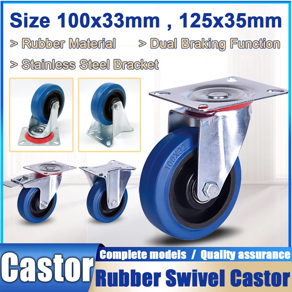 4pcs 4 Inch 5 Inch Swivel Castors with Brake Transport Castors Heavy Duty Castors 70-80kg Per Castor Rubber Furniture Wheel