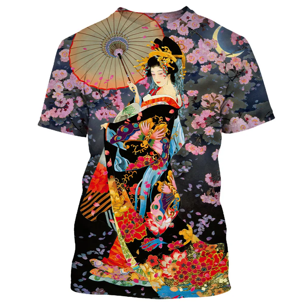 Summer Fashion Japanese Geisha Samurai cool T shirt Men Casual Hip Hop streetwear 3D Printed Color Painting Short Sleeve Tees