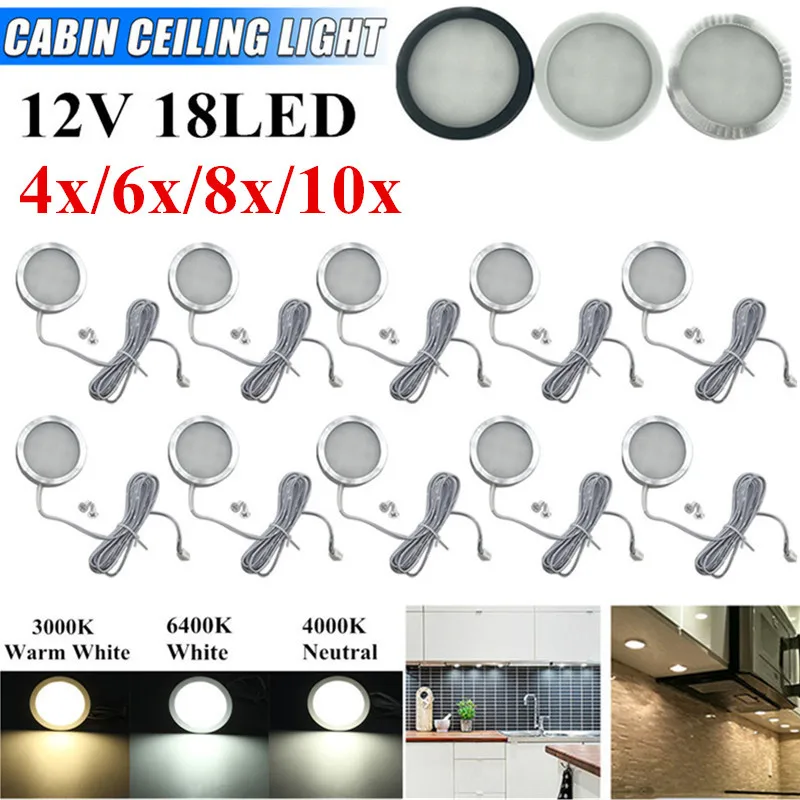 4/6/8/10x 12V 18 LED Car Interior Spot Lights Round Wall Lamps Ceiling Down Lights For Hotel Bedroom Boat RV Caravan Motorhome