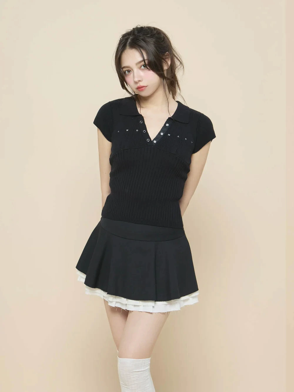 

Japanese Wind Cute Girl Summer Short Sleeve T-shirt Elegant V-neck Turn-down Collar Pullover Top Women Slim Crop Knitted Tees