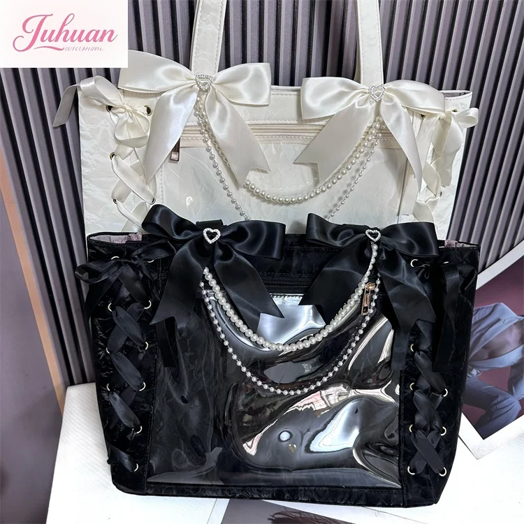 Japanese Original Lolita Ribbon Bow Cute Handbag Ltabag Women's Large-capacity Bar Transparent Millet Single Shoulder Tote Bags
