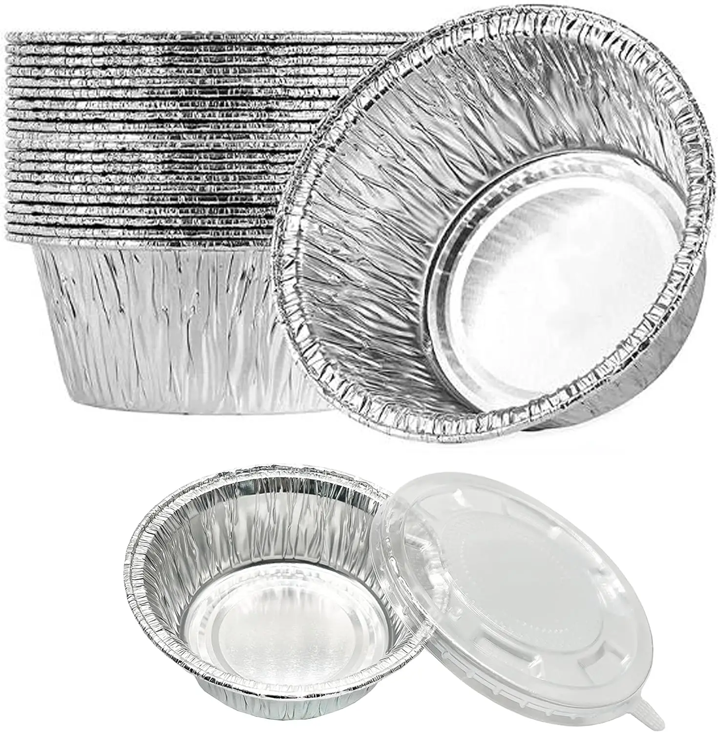 [Paquete de 20] Sartenes desechables de papel para hornear de 5" con tapas – Envases redondos de aluminio para alimentos para uso en horno, para llevar, almacenar, preparar comidas