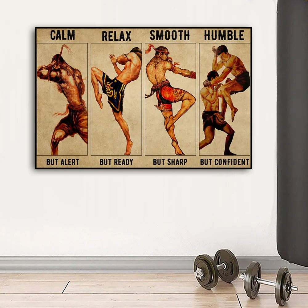 Four Moves Of Muay Thai Poster Prints Canvas Wall Art Vintage Cuadros Boxing Sports Art Picture For Man Cave Gym Room Home Decor