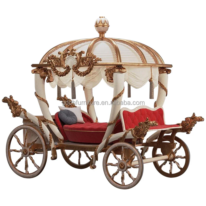 Pumpkin Car Hand Carved Traditional European Luxury Children Canopy Bed Ivory Golden Princess Girl Solid Wood Birch