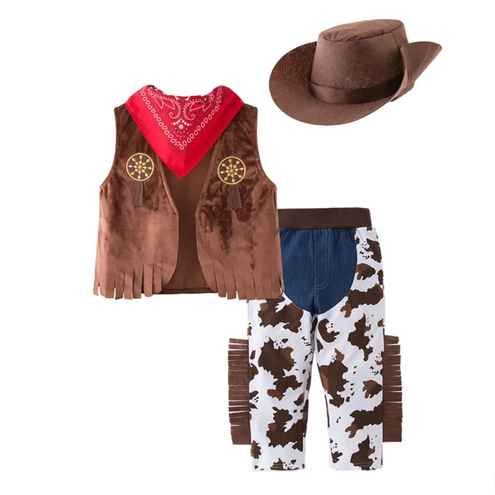 Kids Western Cowboy Costume Halloween Role Play Outfit Boys Hat Vest Bandana Cow Print Pants with Fringe Party Dress Up 2-16Y