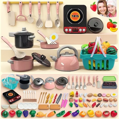 Kids Kitchen Toys Set 92/86/69/59PCS Play Kitchen Accessories Kit with Play Pots Pretend Food Cooking Toy Toddler Girls Boy Gift