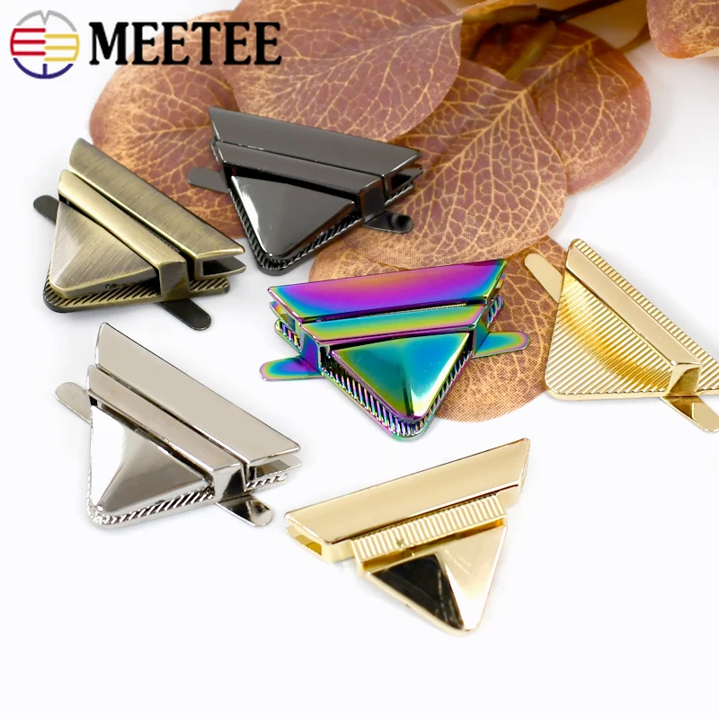 Meetee 1-5Pcs 35*45mm Metal Triangle Press Locks Women Bag Twist Lock Clasp Handbag Decorative Mortise Turn Snap Closure Buckle