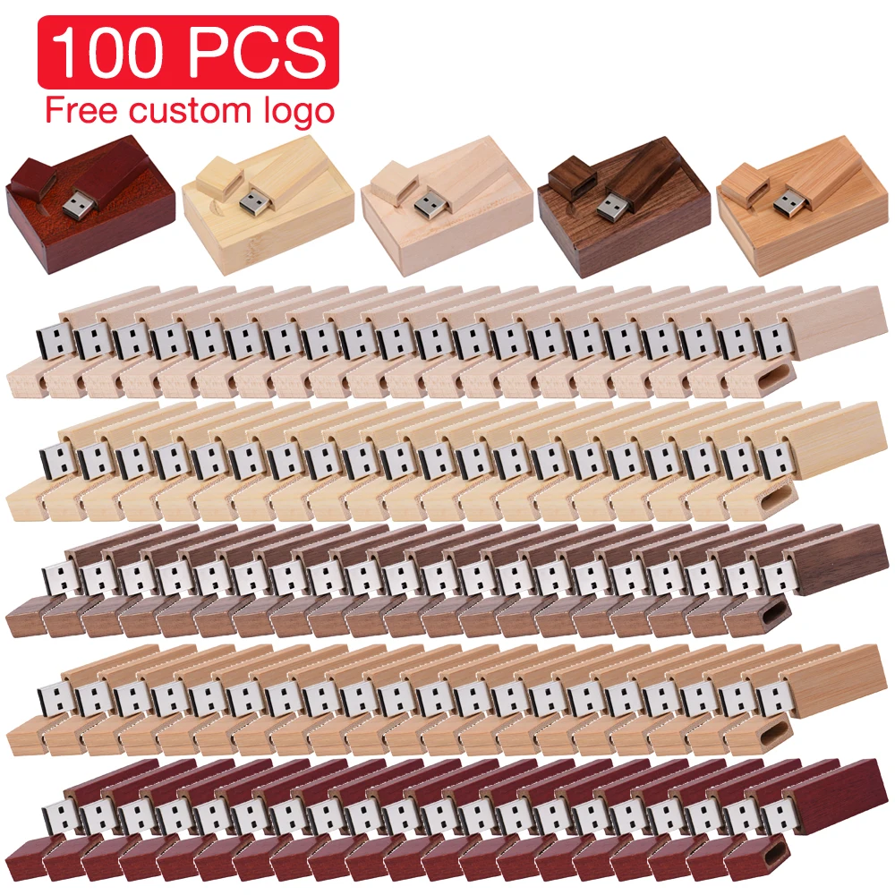

100 Pieces Lot USB Flash Drive 128GB Free Custom Logo Memory Stick Wooden Box Pen Drive Laser Engraving Personalized Pendrive