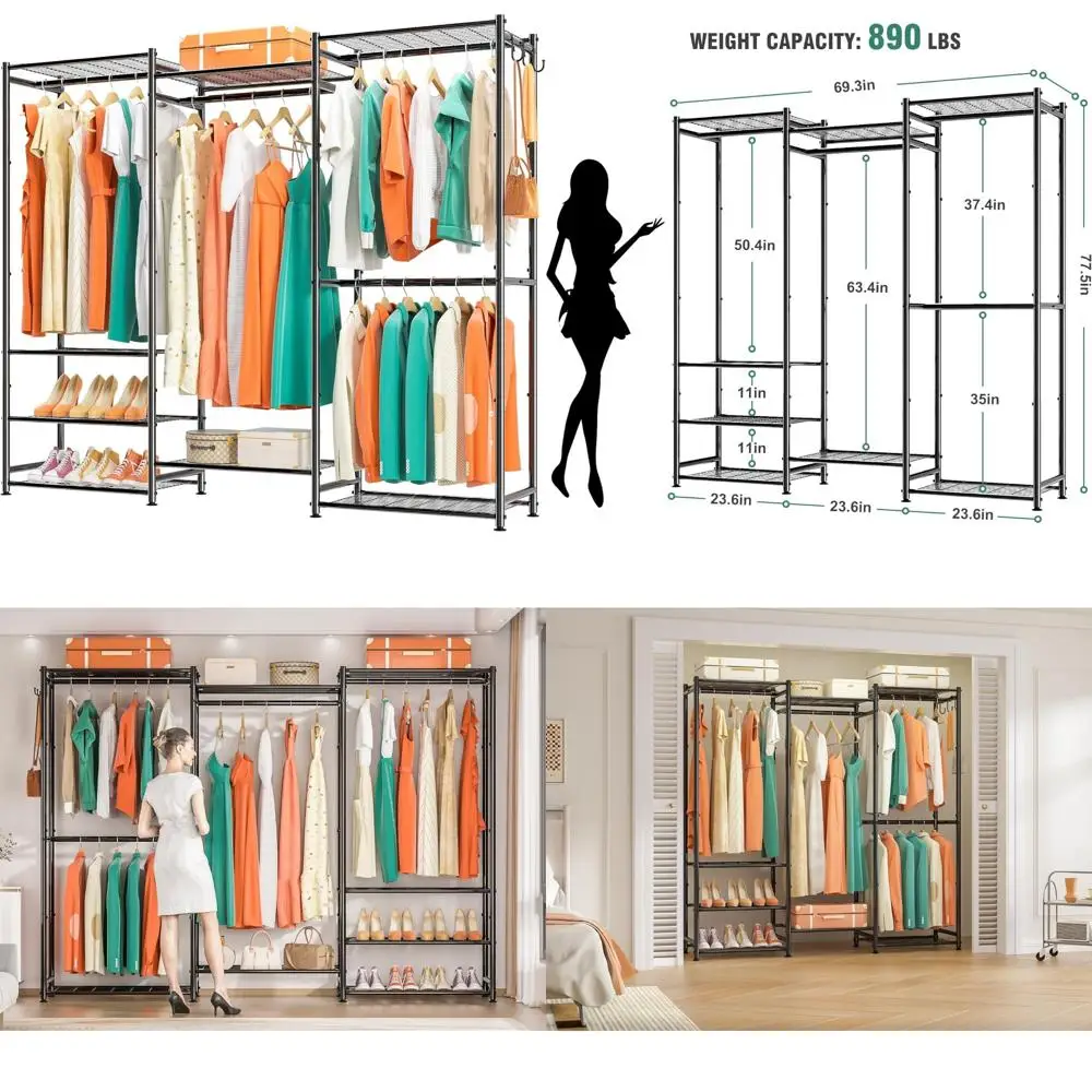 freestanding closet system with wood drawer and 4 cubby storage, closet organizer with hanging rods & shelves, 25‘’w x 80'' h c