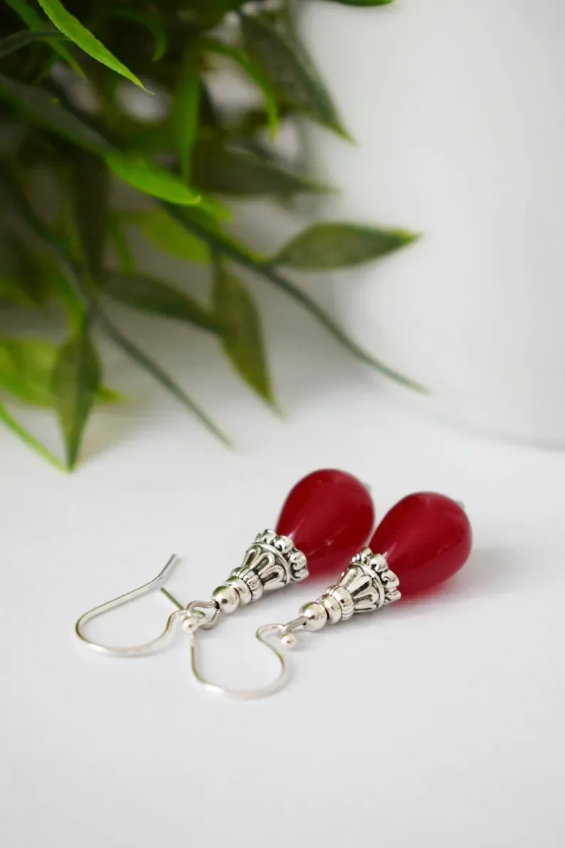 Red jade teardrop earrings, Gemstone sterling silver dangle and drop earrings, Red stone boho hanging earrings, Unique