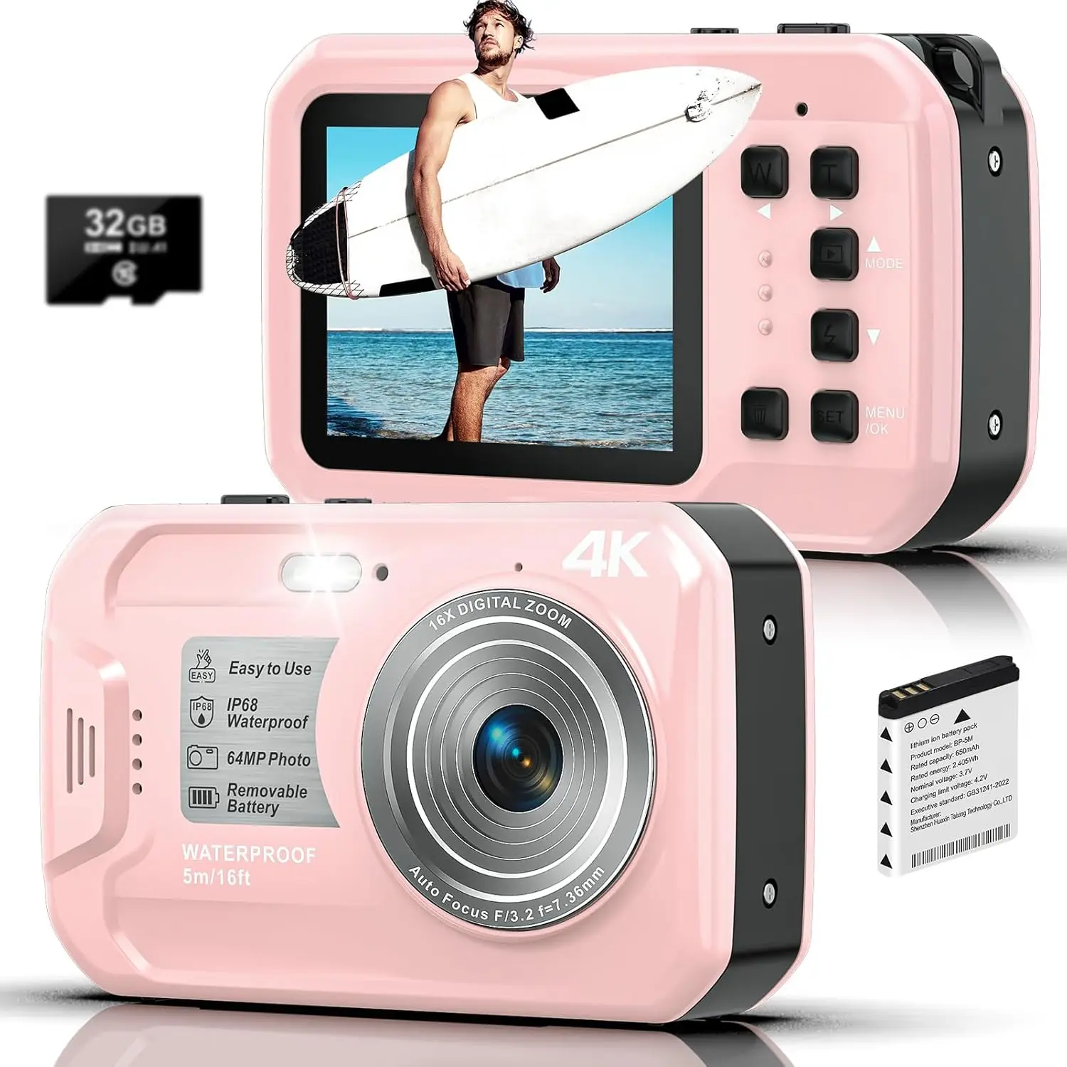 4K Underwater Camera 64MP Waterproof Digital Camera with 32GB Card, Autofocus Floatable for Surfing Snorkeling Swimming