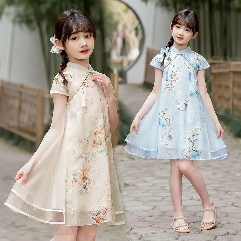 Summer Dresses Styles Cheongsams for Girls Traditional Chinese Embroidery Chiffon Qipao Dress for Children Tang Suit Costumes