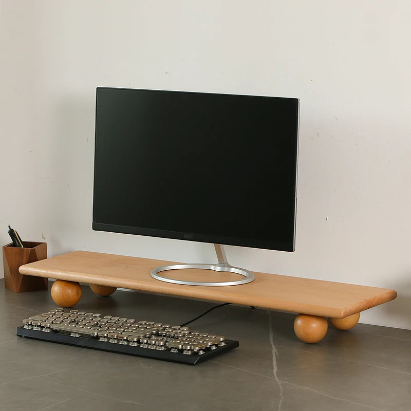 Natural Wood Desktop Riser Dual Monitor Stand with Storage Tray Space-Saving Computer Desk Organizer for Office Setup