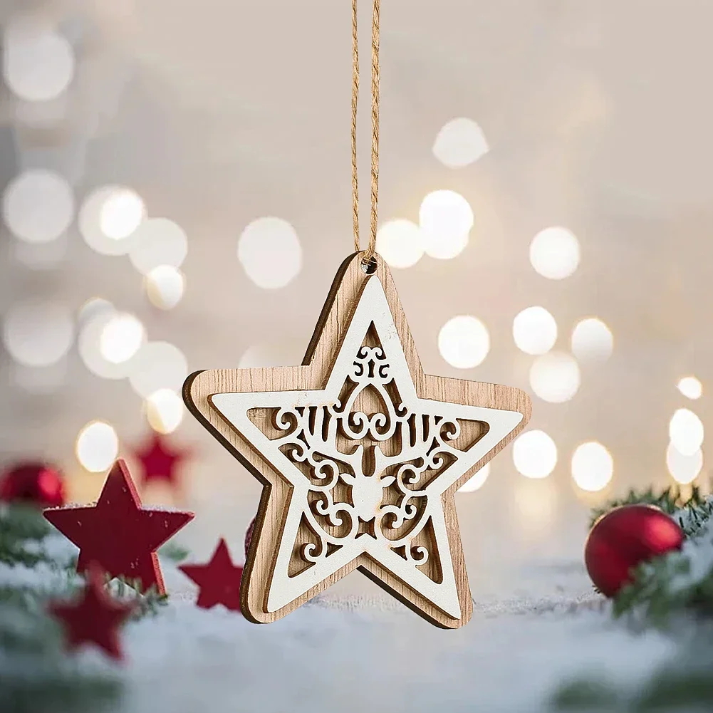 Christmas Decoration Pendant Five-pointed Star Wood Chip Holiday Party Christmas Tree Decoration Creative Arts and Craft Pendant