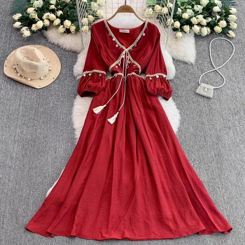 

OCEANLOVE Spring Autumn Bohemian Long Dresses V Neck Tassels Vintage Women Dress Elegant A-line Sweet Fashion Vestidos Mujer