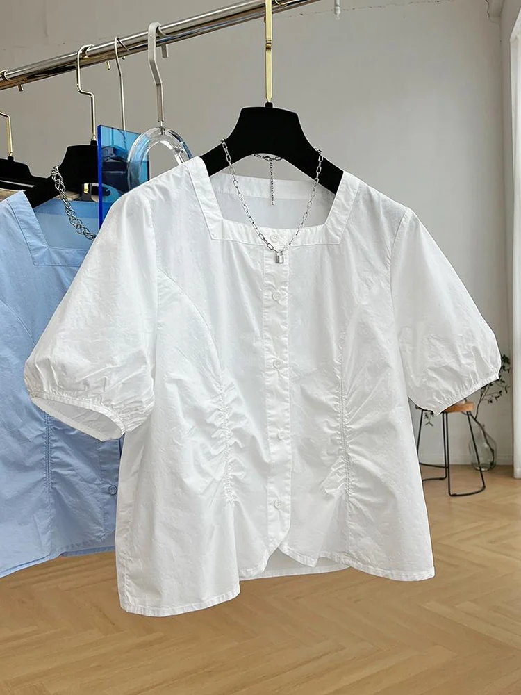 Summer Simplicity Trend Solid Color Square Collar Short Sleeve Shirts Women Clothes Design Sense Niche Casual Tops