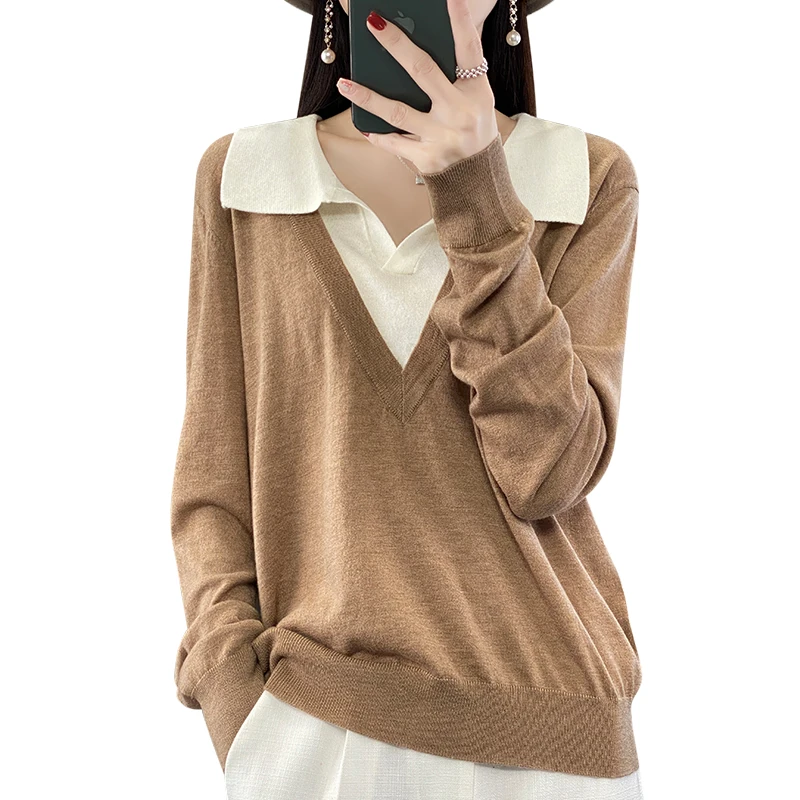 

Women's Fake Two-Piece Woolen Sweater, Shirt Collar, Lapel Top, Loose Pullover, Short Color Contrasting, Thin Style, Autumn