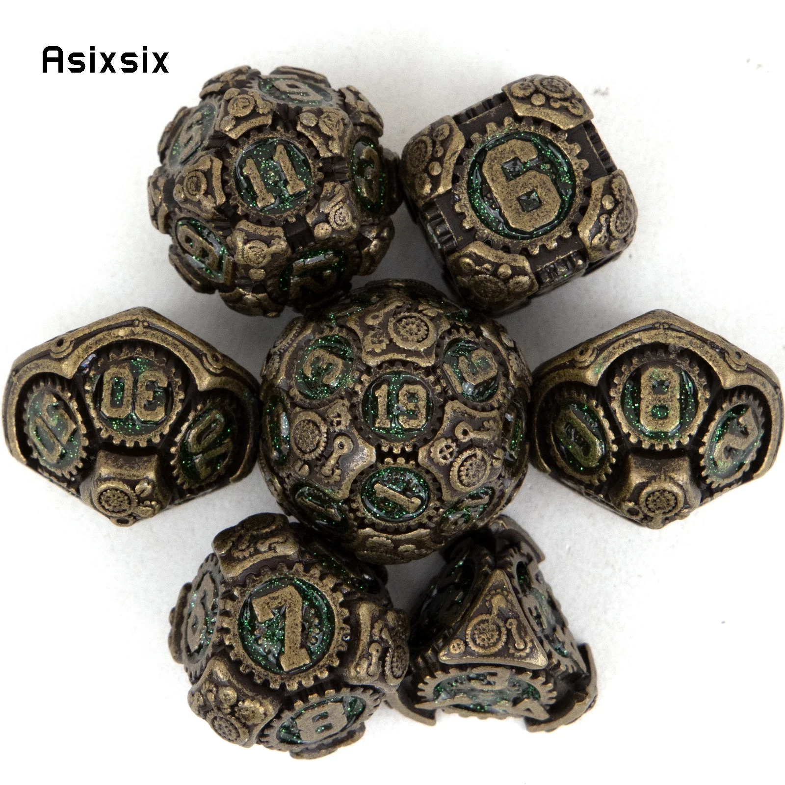

7 Pcs Green Copper Gear Wheel Metal Dice Solid Metal Polyhedral Dice Set Suitable for Role-Playing RPG Board Game Card Game